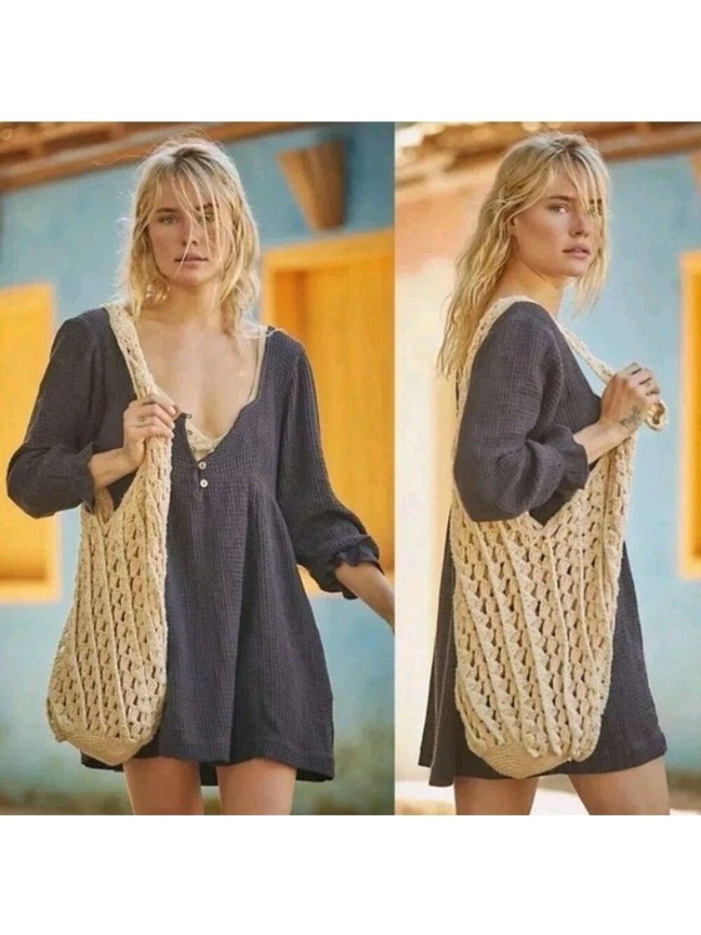 NWOT Free People Go To Endless Summer Henley Dress Boho Waffle Knit Thermal XS